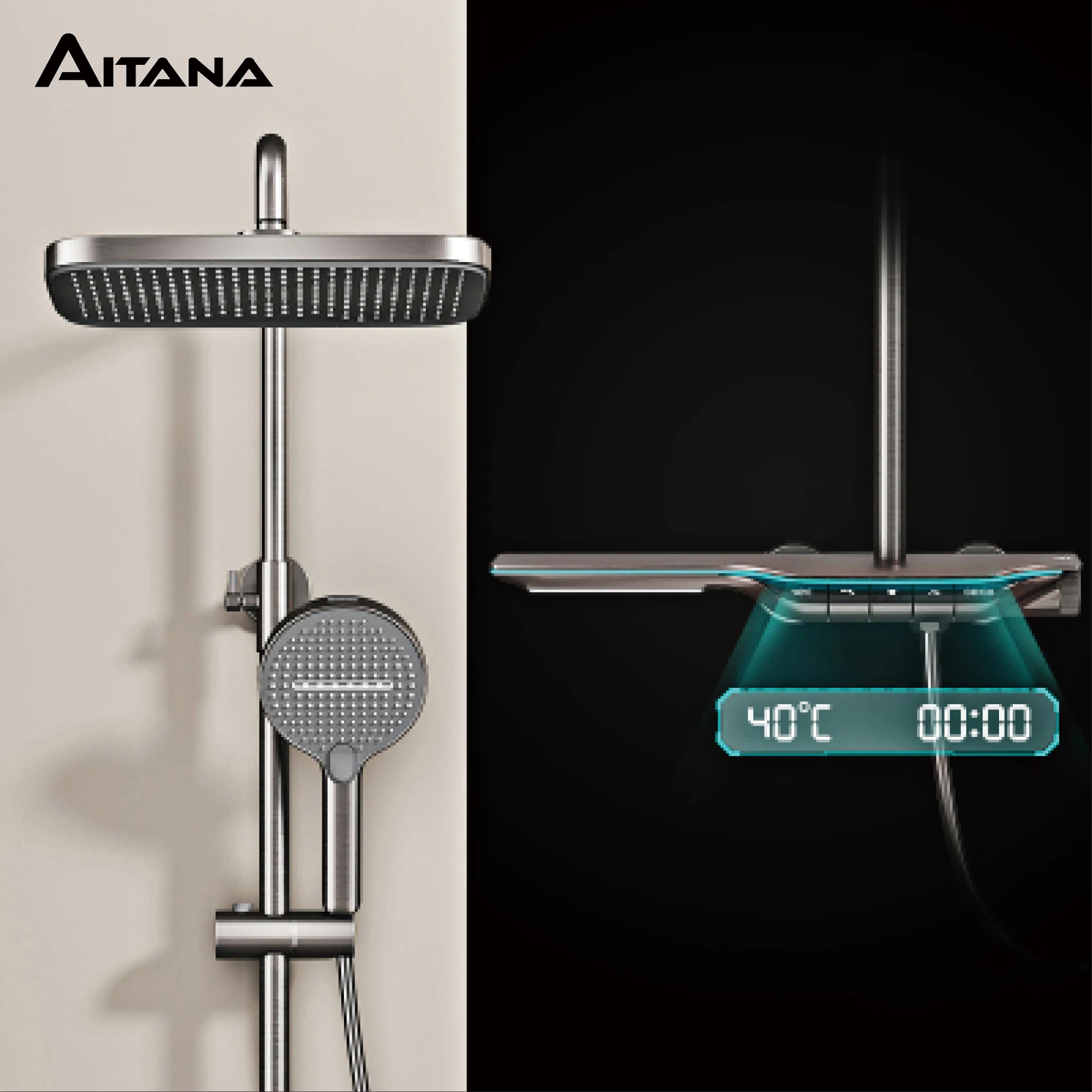 럭셔리 황동 건 그레이 샤워 시스템, 지능형 LED 디지털 디스플레이, 일정한 온도 디자인, 이중 제어 욕실 수도꼭지