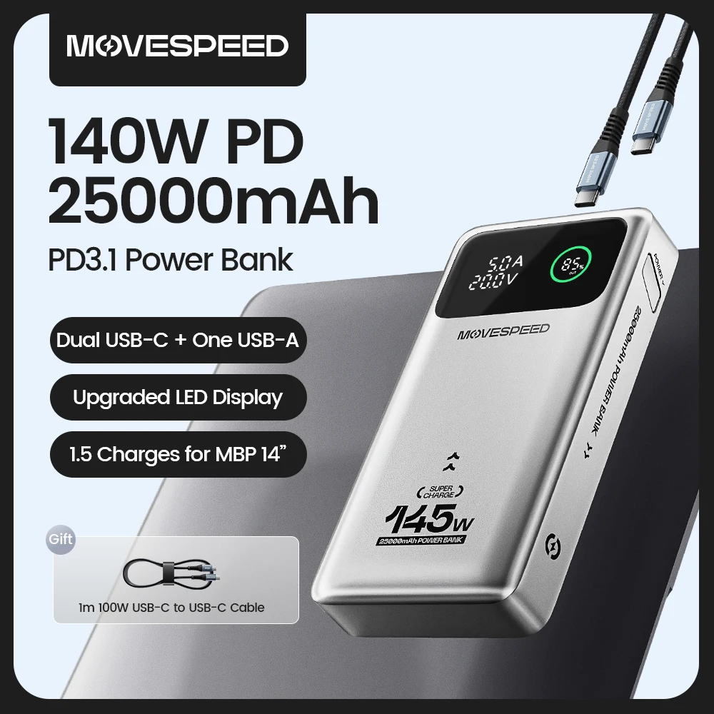 MOVESPEED M25Pro 140W 파워 뱅크 25000mAh PD3.1 고속 충전 휴대용 외장 배터리 100W 파워뱅크 맥북 노트북용