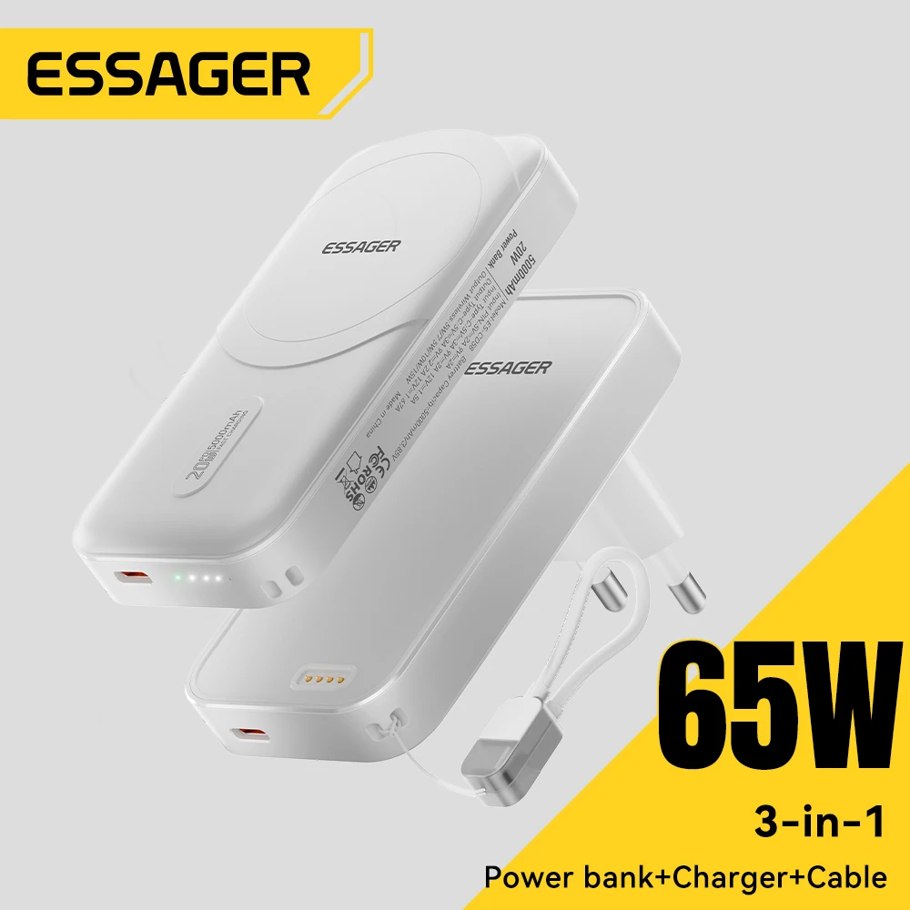 Essager65W 고속 마그네틱 무선 보조배터리 3-in-1 탈착식 GaN 여행용 충전기 (아이폰 16, 15, 14, 삼성 태블릿, 맥북용)