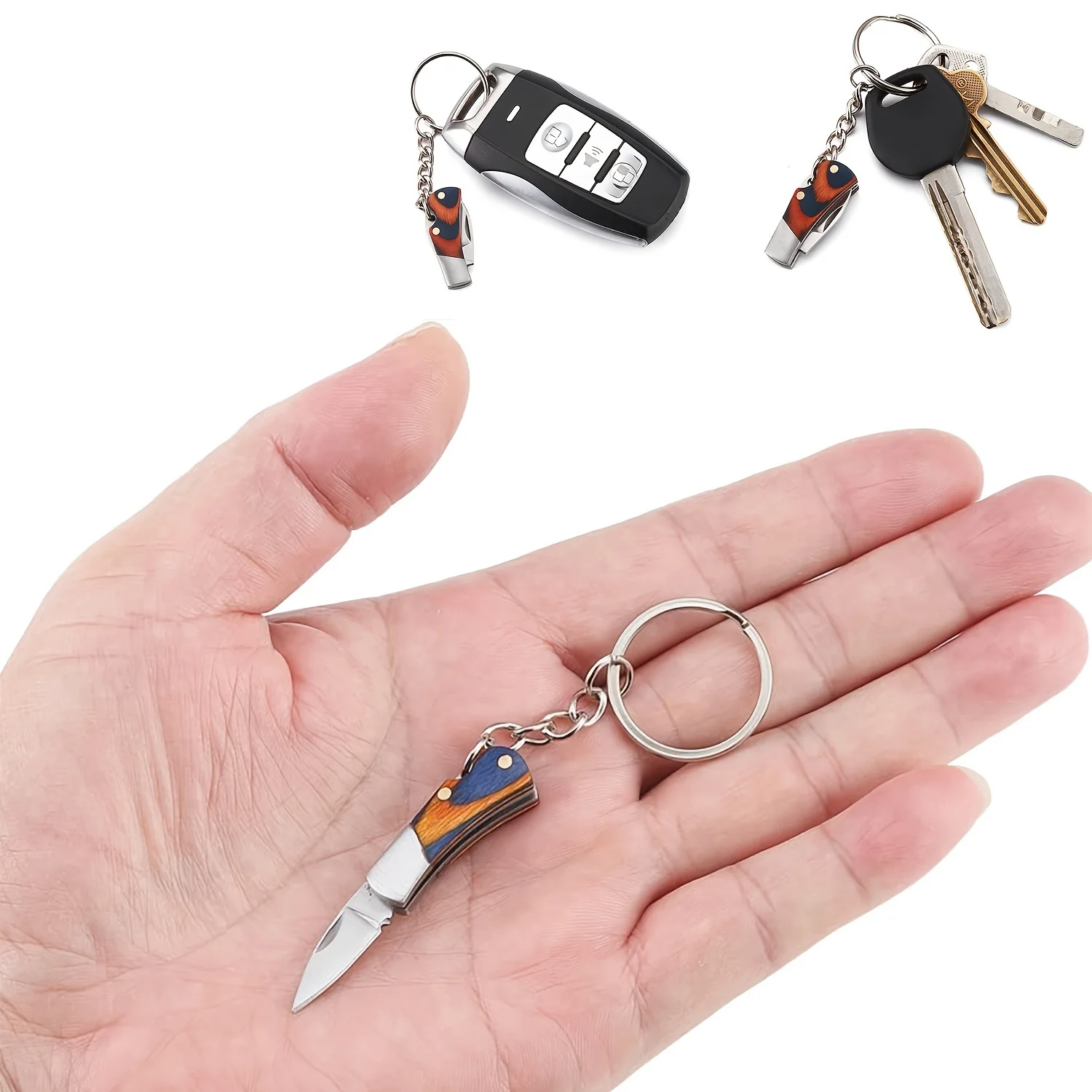 5cm 미니 접는 칼 펜던트 황동 나무 열쇠 고리 날카로운 작은 블레이드 휴대용 교수형 야외 캠핑 Unboxing 칼