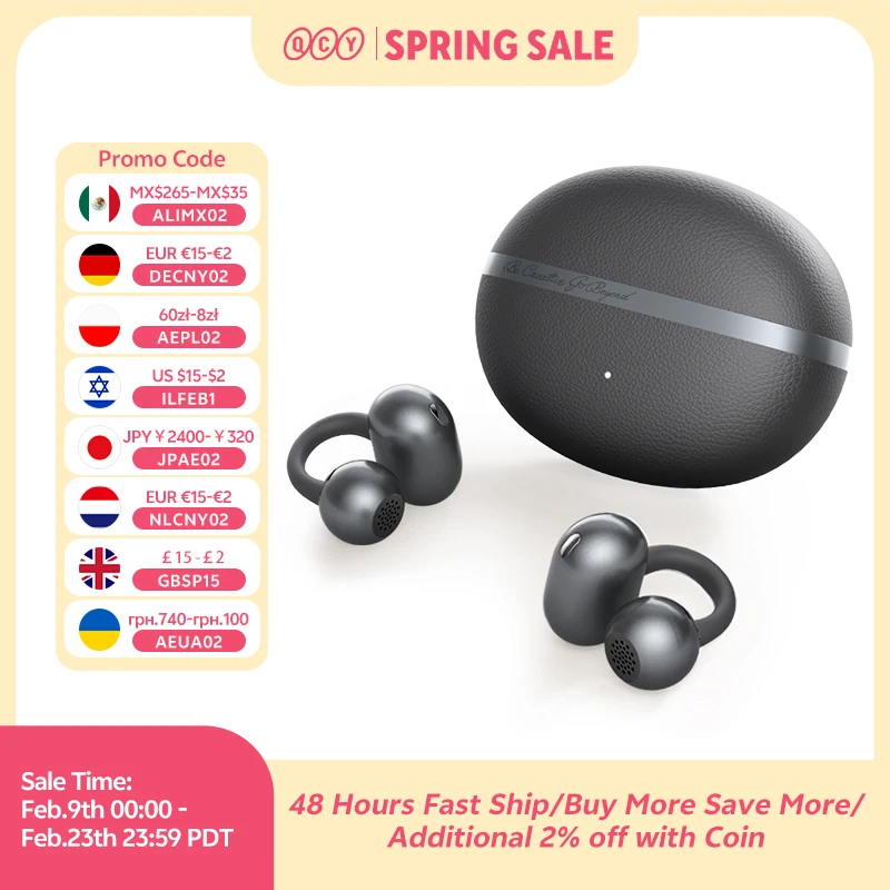 QCY Crossky C50 오픈 이어 무선 이어버드 블루투스 6.0 컴포트 클립온 이어폰 4 마이크 AI 클리어 콜 베이스 부스트 헤드폰 35시간 재생 시간 스포츠 러닝용