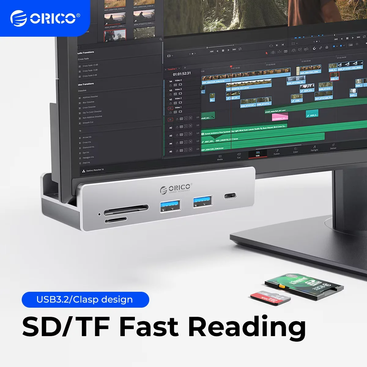 전원 커넥터가 있는 ORICO USB 3.2 허브 6포트 확장 10Gbps 프로토콜 고속 전송 SD TF 카드 고속 읽기