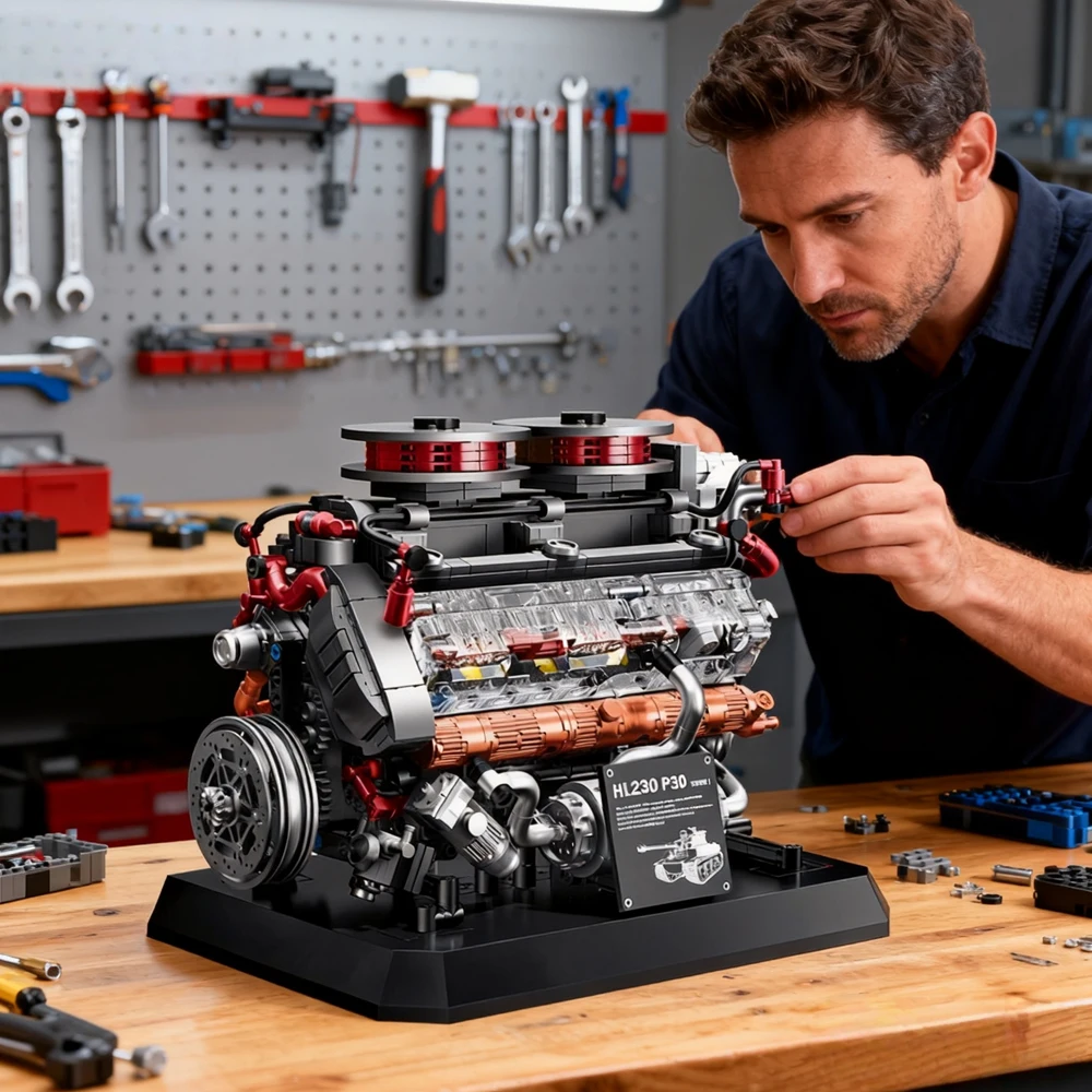 1236+/PCS 블록 세트, 자동차/탱크 엔진 모델, 고난이도 기계 조립 블록 장식품