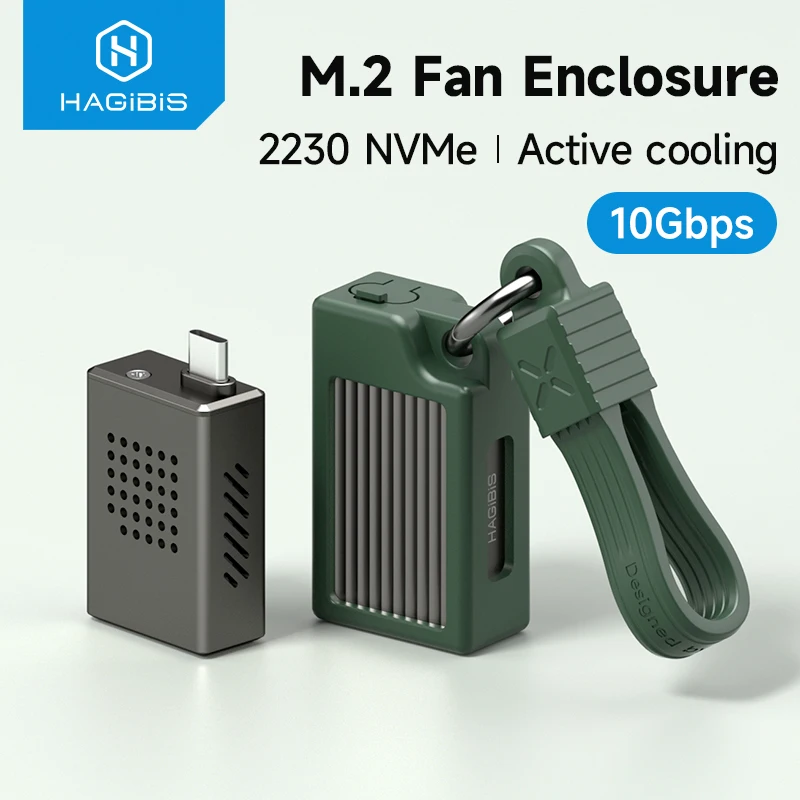 Hagibis 2230 M.2 NVMe SSD 인클로저(냉각 팬 포함) USB 3.2 Gen 2 - NVMe PCI-E M.2 SSD 케이스(노트북 iPhone 16 Pro 15 iPad용)