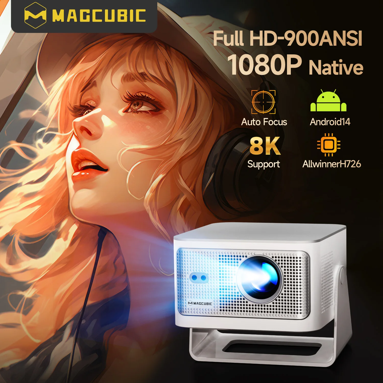 Magcubic 오토 포커스 안드로이드14 4K 프로젝터 900ANSI 8K 네이티브 1080P HY350Max 와이파이6 BT5.4 16G 올위너 H726 휴대용 야외용