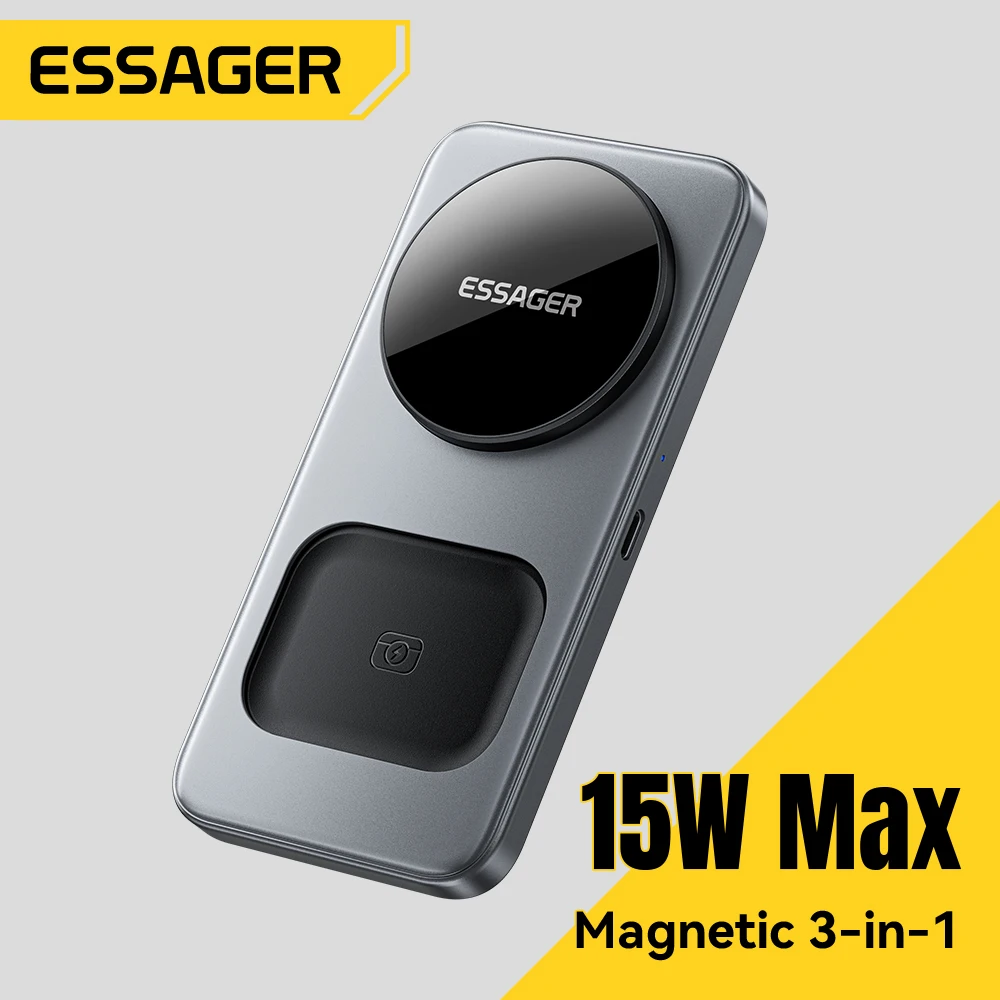 ESSAGER 15W 3-in-1 마그네틱 무선 충전 스테이션 접이식 폰 스탠드 충전기 아이폰 에어팟 워치 고속 충전 홀더
