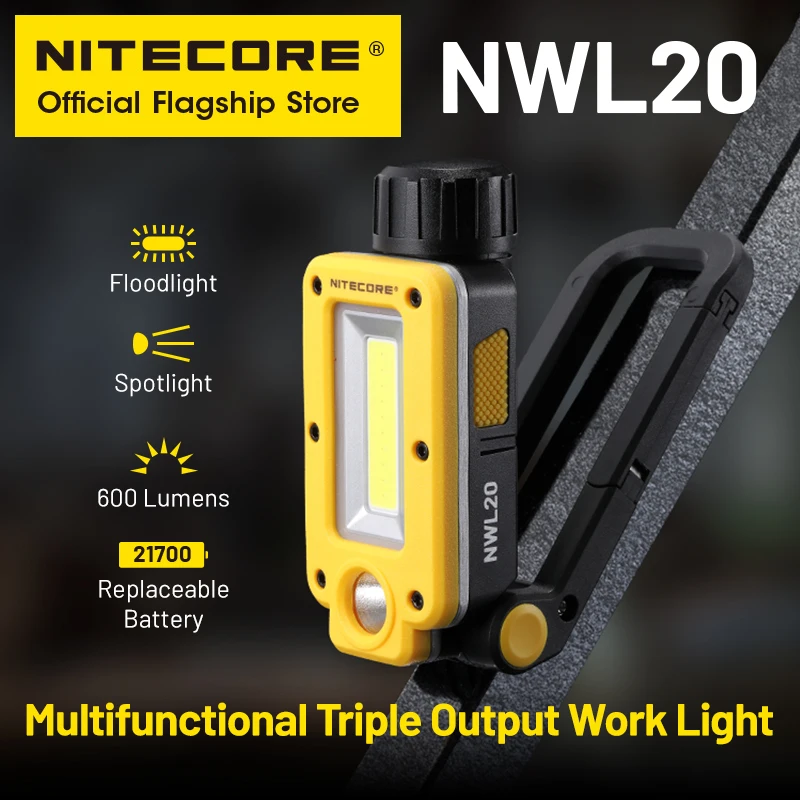 NITECORE NWL20 USB-C 충전식 작업등 180 °   조정 가능한 다기능 삼중 출력 투광 조명 스포트라이트, 21700 배터리