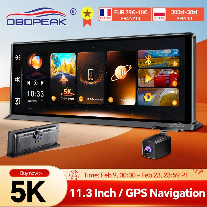 K8 Pro 11.3인치 터치 스크린 자동차 카메라 5K 대시 캠 GPS 5G WiFi 무선 CarPlay 및 안드로이드 자동 루프 녹화 GPS 네비게이션 DVR