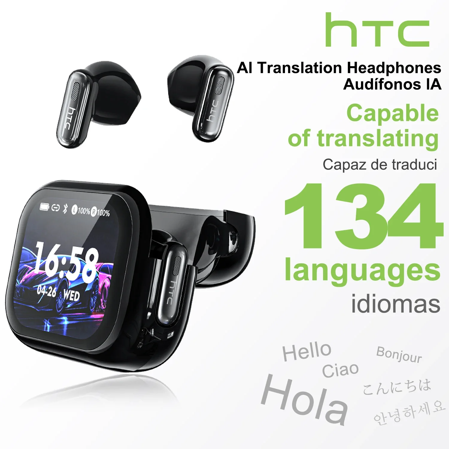 HTC NE68 블루투스 이어폰 AI 번역기 이어버드 LCD 화면 헤드폰 스포츠 무선 헤드폰 소음 감소