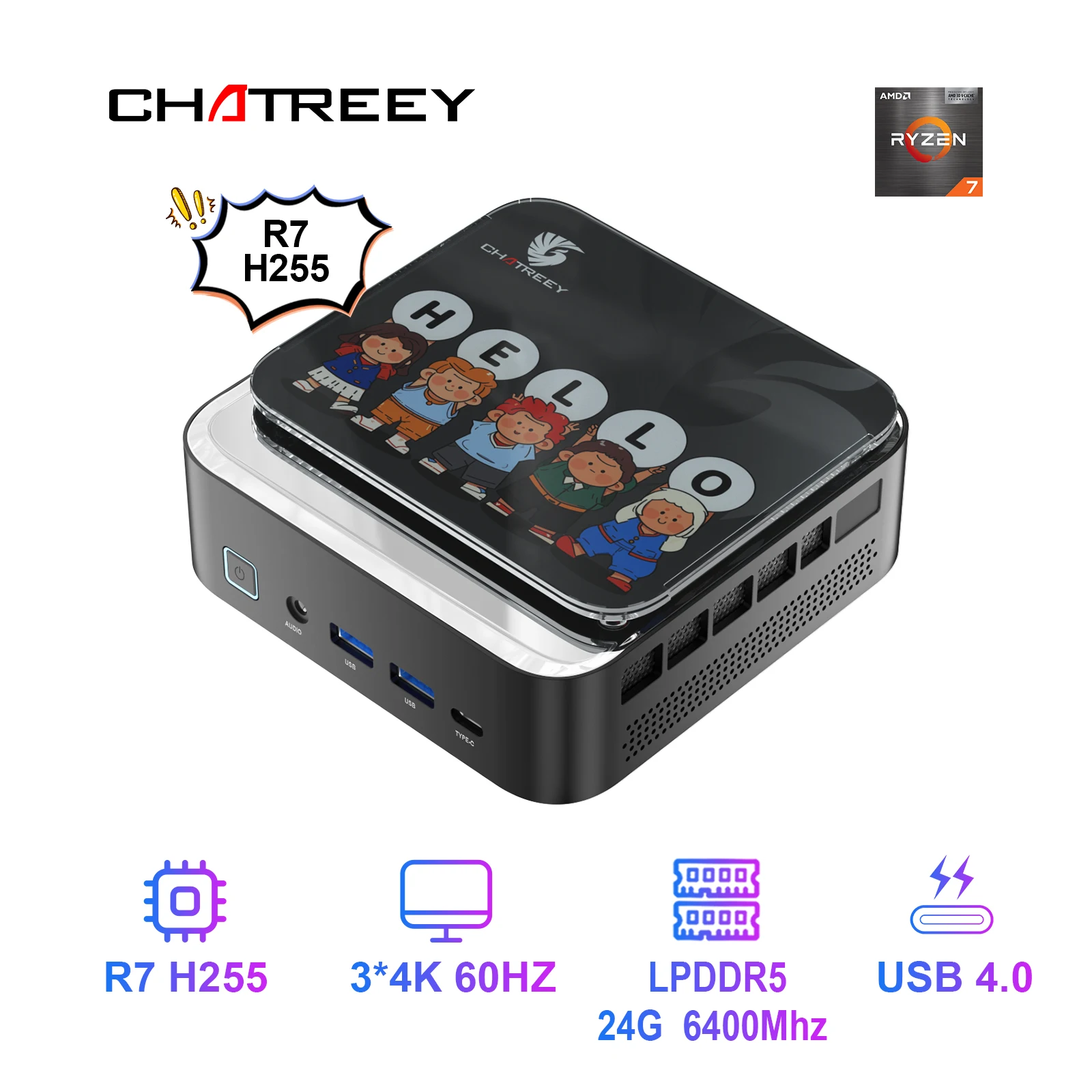 차트리 AN3P 미니 PC R7 H 255/14450H 680M 게이밍 데스크탑 컴퓨터 (WiFi 6/블루투스 5.2/HDMI/DP 지원)