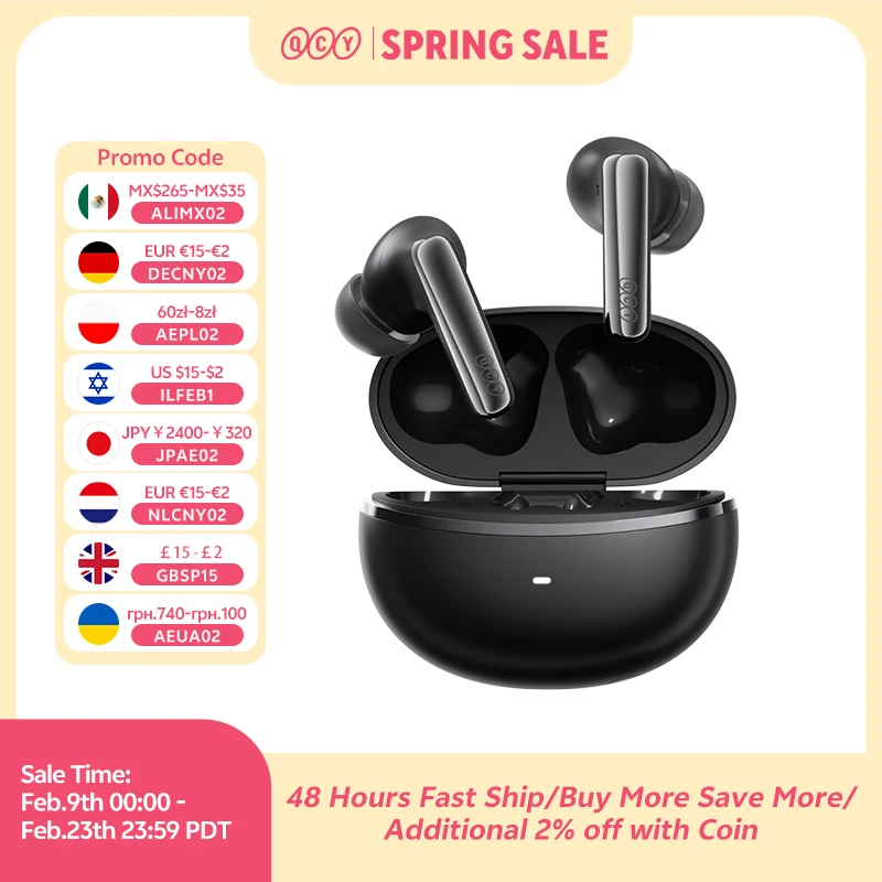 QCY MeloBuds N70 ANC 무선 이어버드, 블루투스 6.0, 적응형 노이즈 캔슬링, LDAC, 고해상도 오디오, 6개 마이크, ENC 이어폰, 50시간 재생, 무선 충전, 헤드폰, 인이어 감지