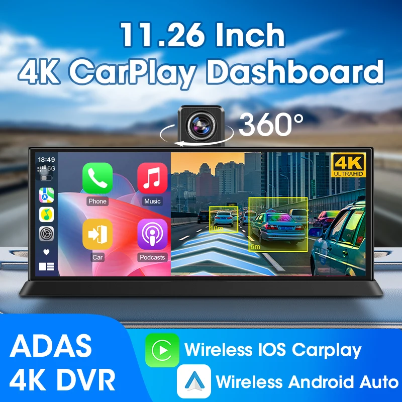 10/11.26인치 4K ADAS 차량용 DVR 360 °   회전 Dashcam 1080P 후면 카메라 무선 Carplay 및 Android 자동 Adas GPS 네비게이션 듀얼 녹음