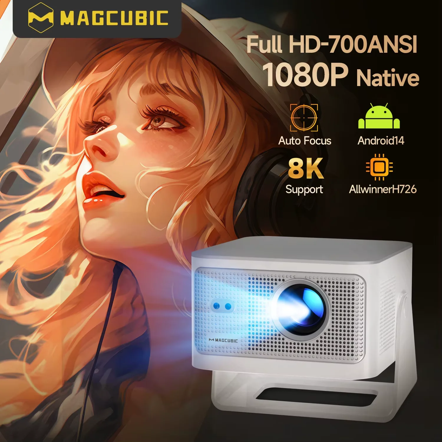 Magcubic 900ANSI 안드로이드 14 프로젝터 자동 초점 지원 8K 네이티브 1080P 와이파이6 BT5.4 16G 올위너 H726 휴대용 HY350Max
