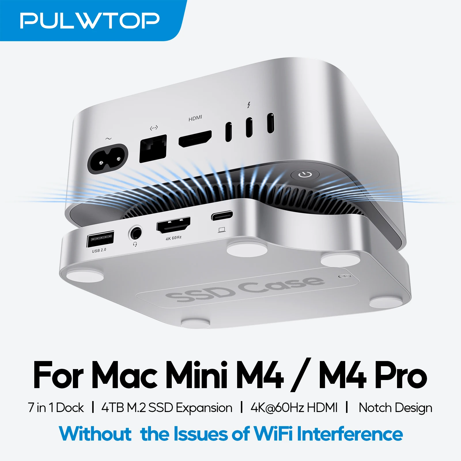 4TB SSD 인클로저가 포함된 PULWTOP Mac Mini M4 Dock, USB C 허브 지원 HDMI 4K 60Hz, USB A 2.0, SD/TF, Mac Mini M4/M4 Pro용 오디오