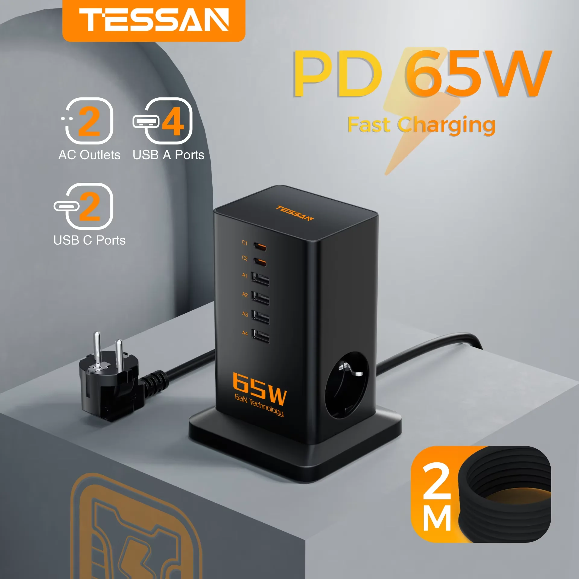 TESSAN PD 65W 고속 충전 전원 스트립 GaN 타워 전원 소켓(6개의 USB 포트 포함) 전화 패드 데스크용 AC EU 플러그 충전 스테이션 2개