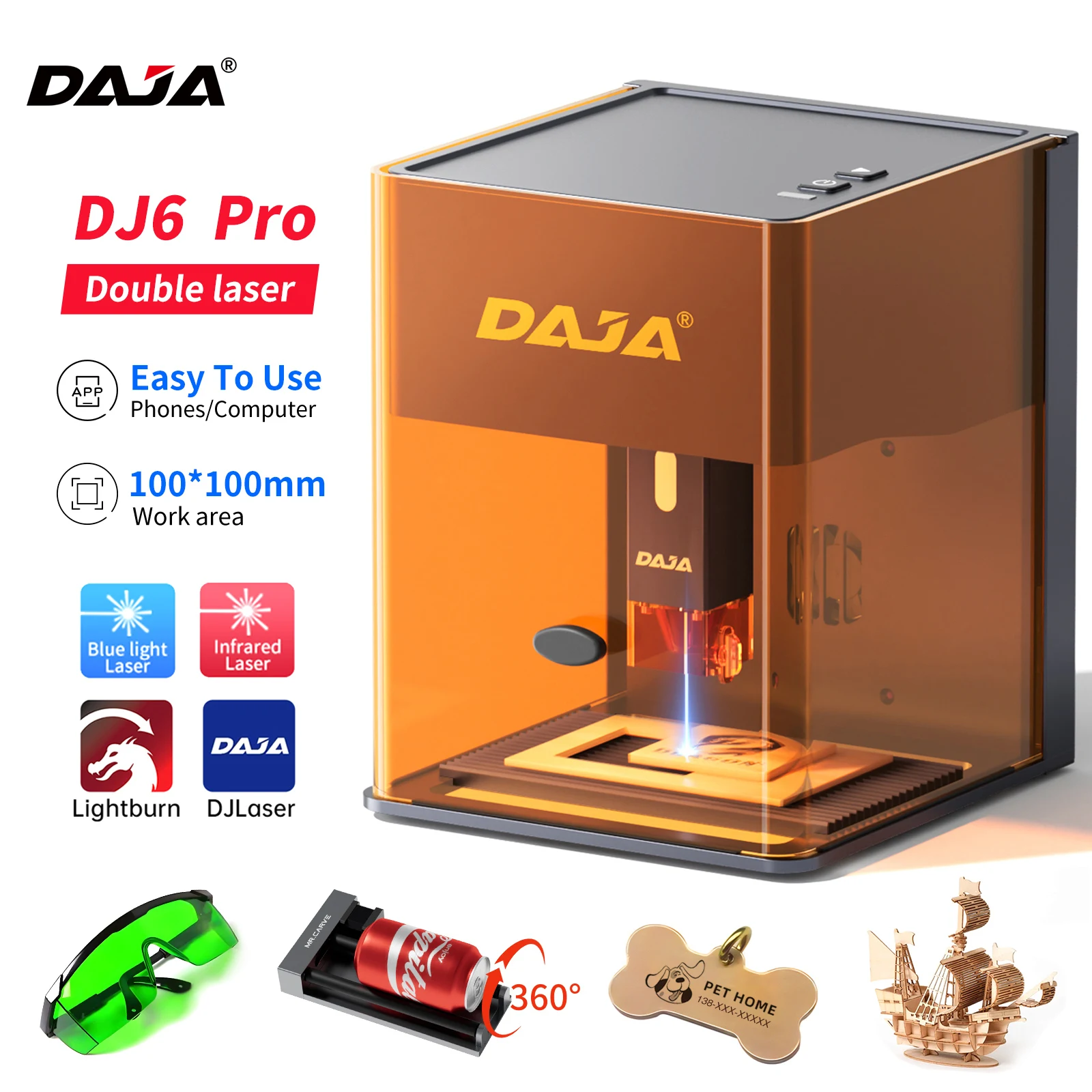 DAJA DJ6 Pro 미니 레이저 조각 기계 안전 커버 컷 금속 JewelryWood 아크릴 유리에 대한 비즈니스 조각 기계