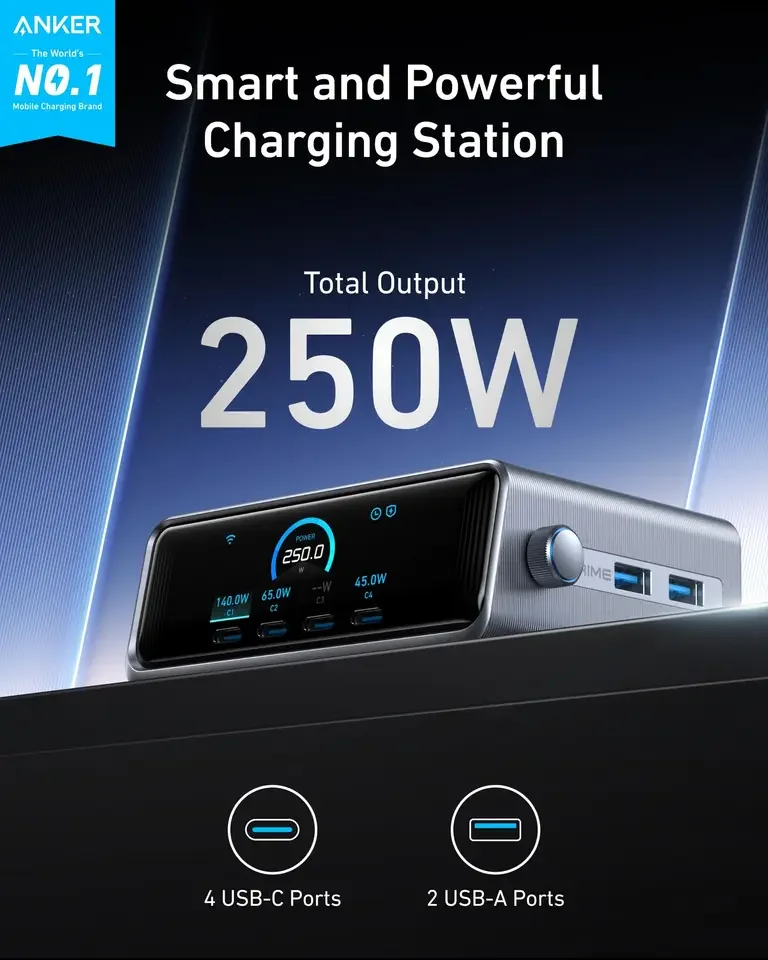 Anker A2345-CN 프라임 250W GaN 충전기 프라임 USB C 충전 스테이션, 초고속 6포트, 2.26인치 LCD 디스플레이 및 스마트 컨트롤 다이얼