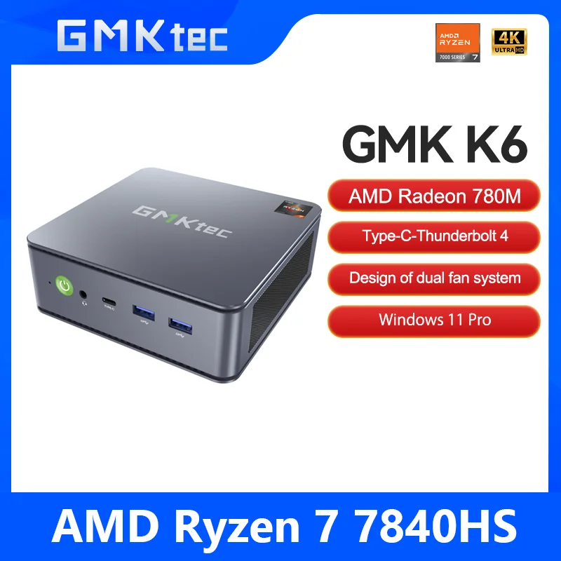 GMKtec K6 미니 PC AMD R7-7840HS NUCBOX 듀얼 팬 시스템 디자인 윈도우 11 프로 AMD 라데온 ™   780M T 타입-C 썬더볼트 4.0