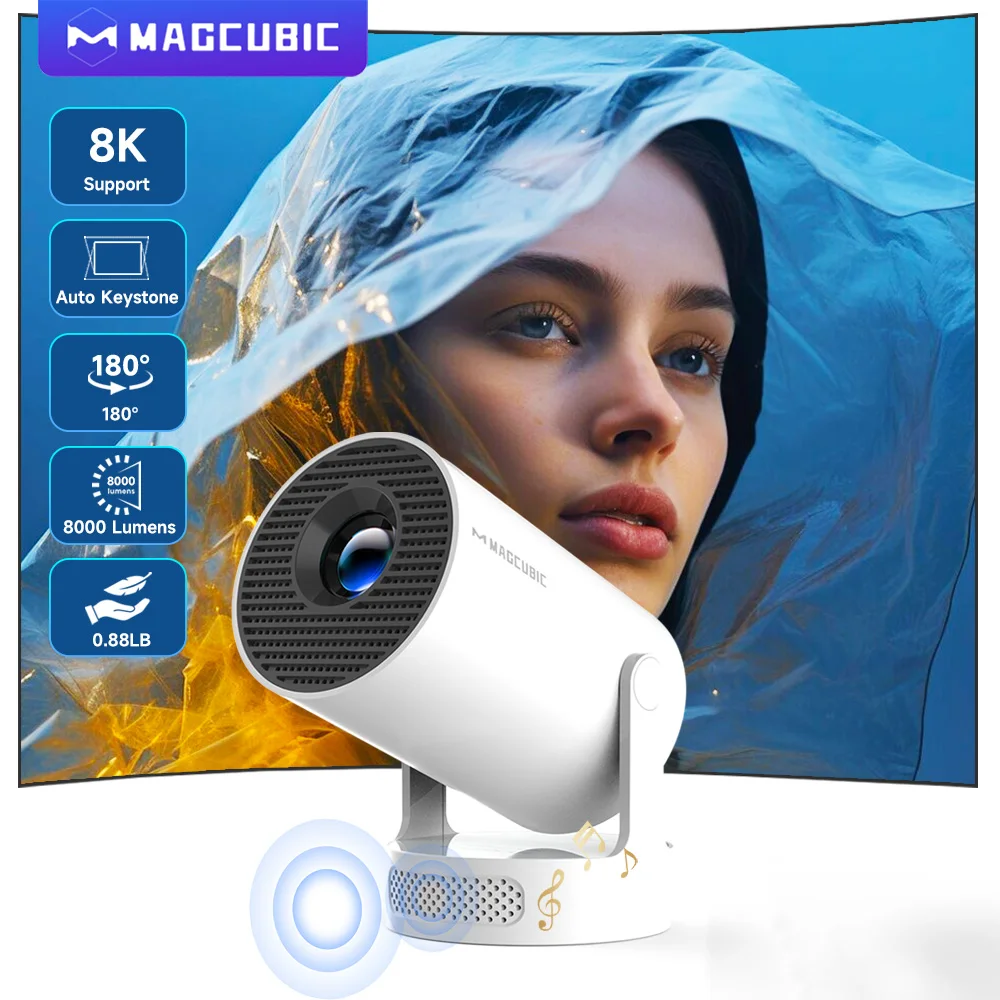 Magcubic 8K HY300 Pro + 프로젝터 내장 5W 스피커 1280*720P 안드로이드 14 8000 루멘 Wifi6 BT5.4 야외 휴대용 프로젝터