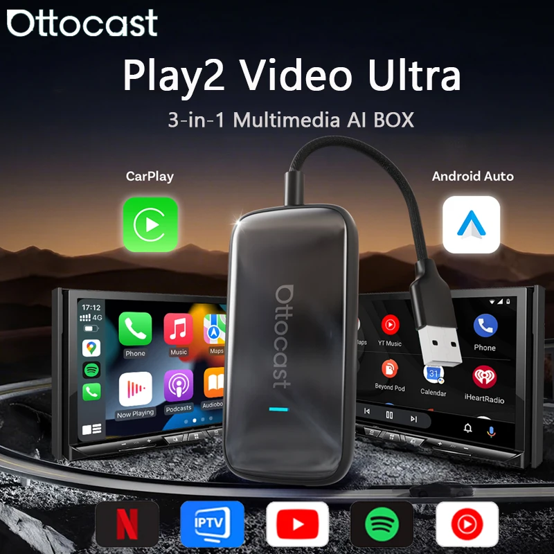 OTTOCAST Play2Video Ultra Carplay Ai Box 무선 안드로이드 오토 어댑터 내장형 유튜브 넷플릭스 VW 벤츠 포드 차량 99% 지원