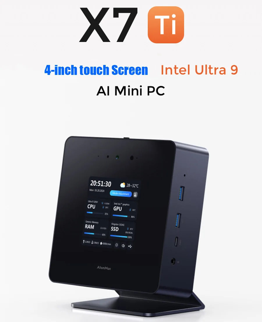 AtomMan X7 Ti 4"스크린 미니 PC 인텔 울트라 9-185H 2*USB4 2*5G RJ45 카메라 Oculink Win11 게임용 컴퓨터 미니 PC WiFi7 DP HD