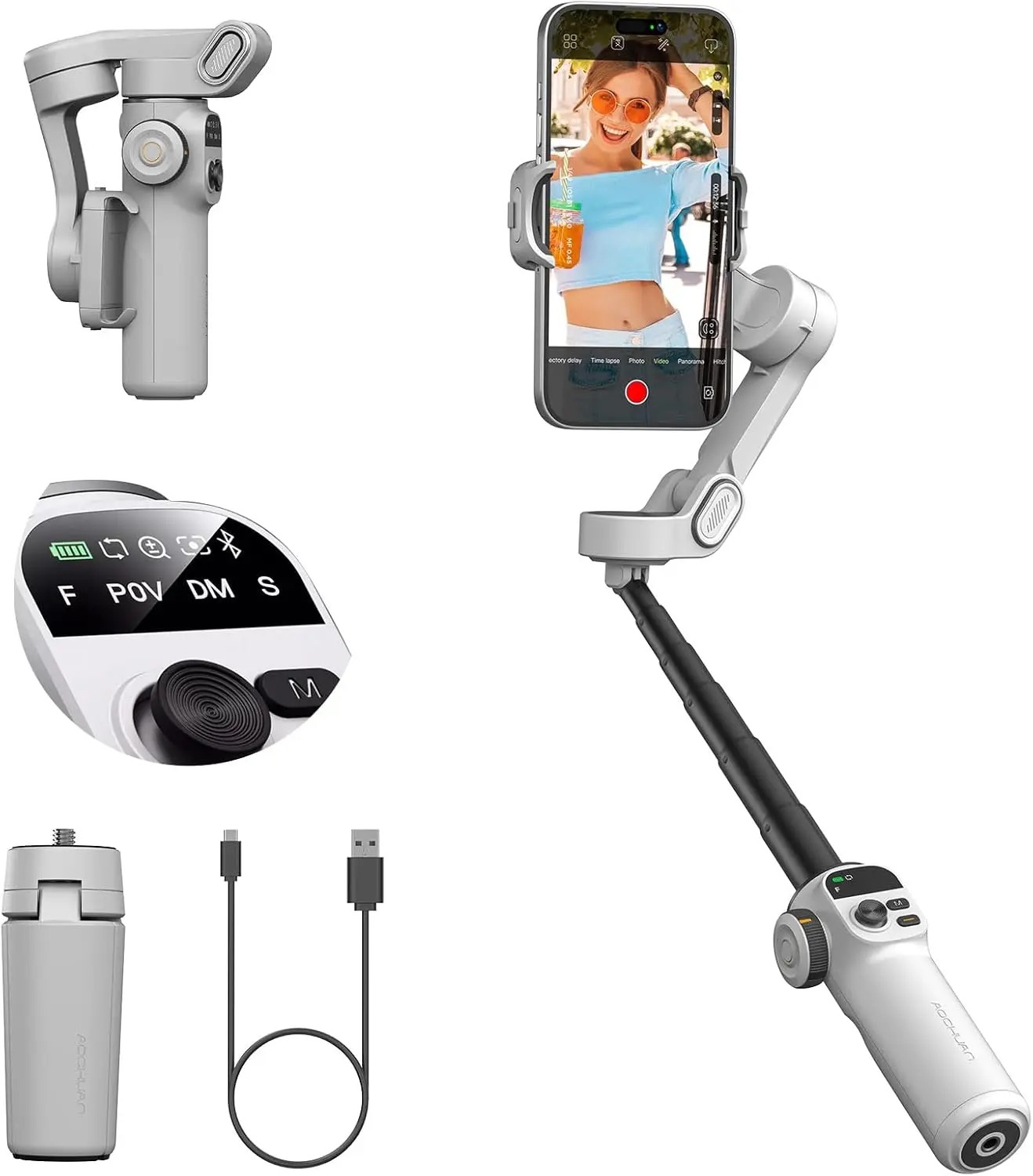 아오촨 스마트 X2 핸드헬드 짐벌 3축 스테빌라이저 내장 20cm 연장봉 LED 디스플레이 폰 홀더 (아이폰 스마트폰용)