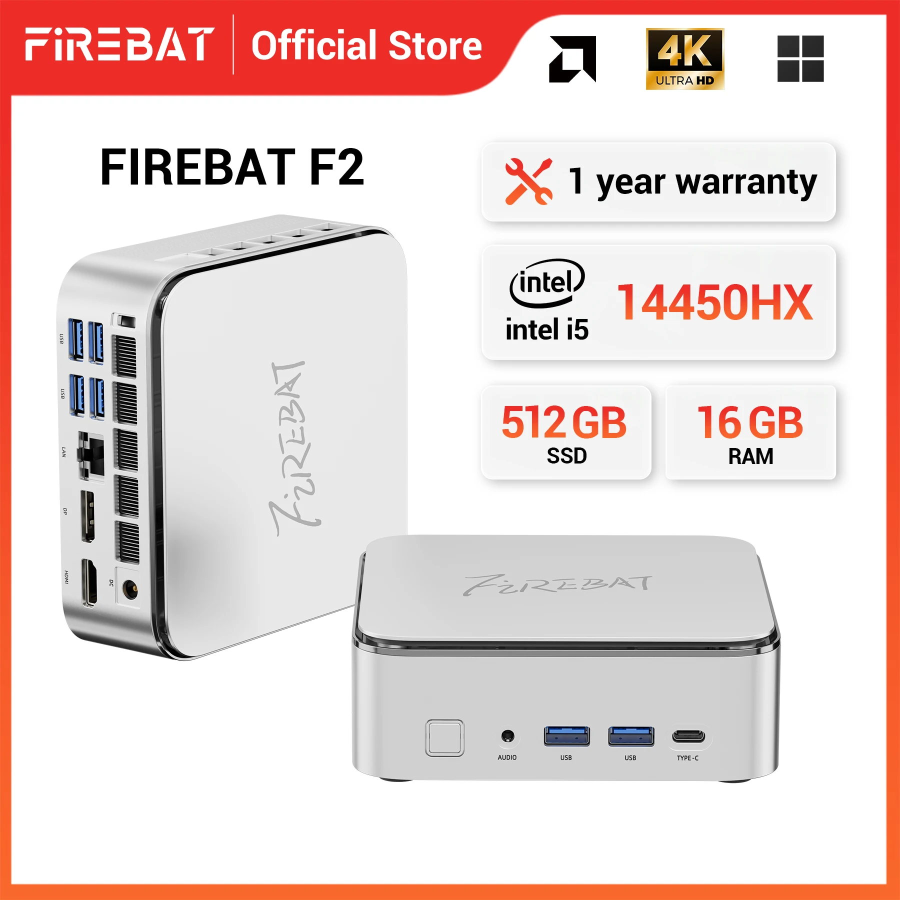 FIREBAT F2 미니 PC 인텔 i5-14450HX DDR4 16GB RAM 512GB SSD WIFI6 BT5.2 휴대용 데스크탑 미니-PC 데스크탑 컴퓨터