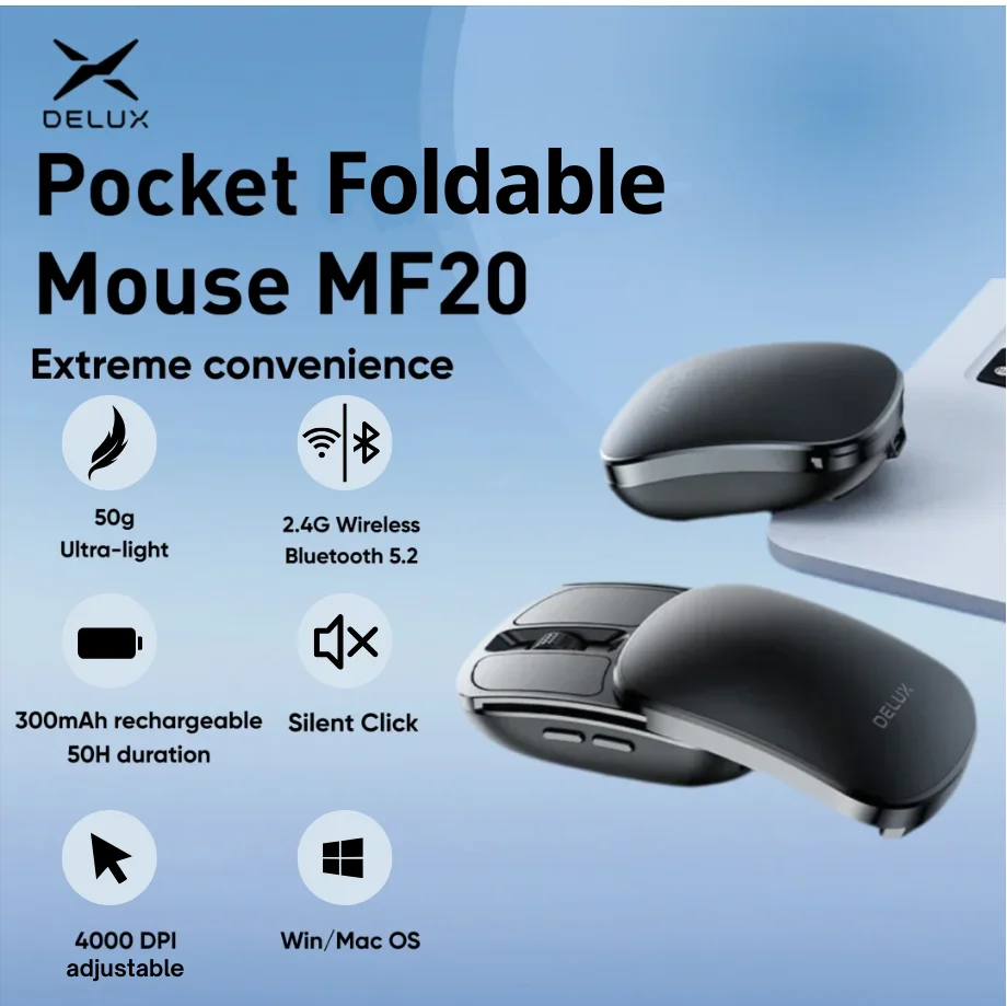 Delux MF20 무선 접이식 마우스 초경량 50g 휴대용 무음 클릭 2.4G 태블릿 용 Bluetooth Windows Mac OS 포켓 친화적