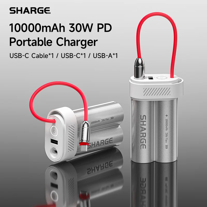 SHARGE 미니 PD30W 보조베터리 10000mAh 고속 충전 휴대용 외장 배터리 iPhone 16/15용 내장형 C 케이블 배터리 팩