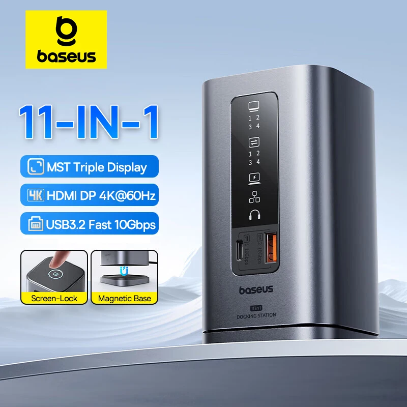 베이스어스 11-IN-1 USB C 허브 HDMI DP 4K@60Hz MST 트리플 디스플레이 USB 3.2 스플리터 RJ45 3.5mm 마이크 PD100W 마그네틱 도킹 스테이션