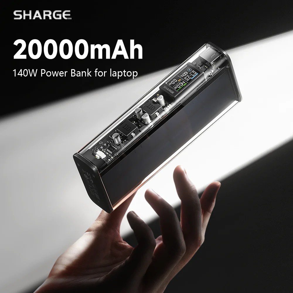 SHARGEEK 140 보조베터리 20000mAh 140W 휴대용 충전기, 투명 배터리 팩, MacBook Pro iPhone 16/15용 스마트 디스플레이