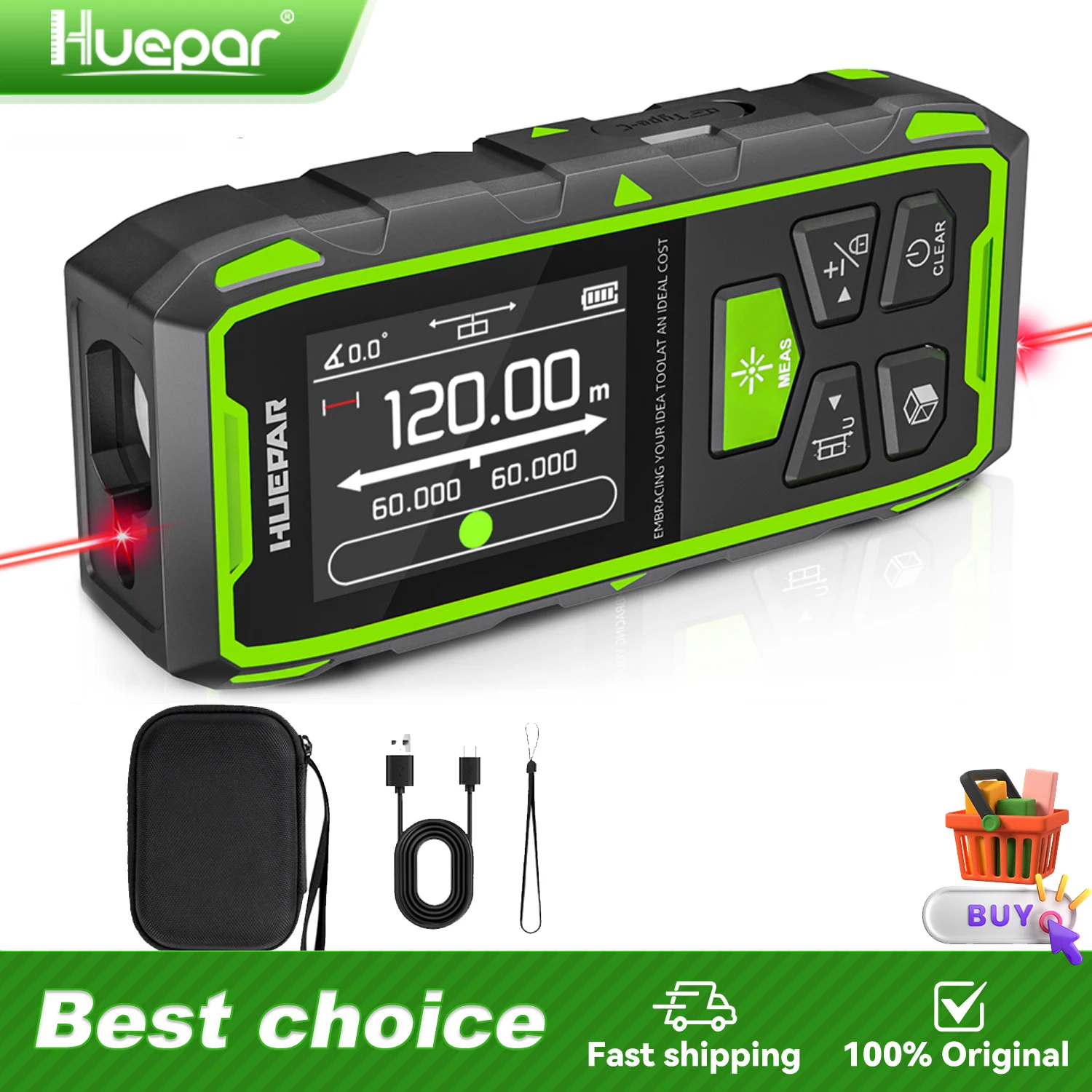 Huepar 듀얼 레이저 거리 측정기 120M/200M 빨간색 빔 디지털 레이저 미터 다중 장치 측정 도구 및 각도 센서 LCD 디스플레이