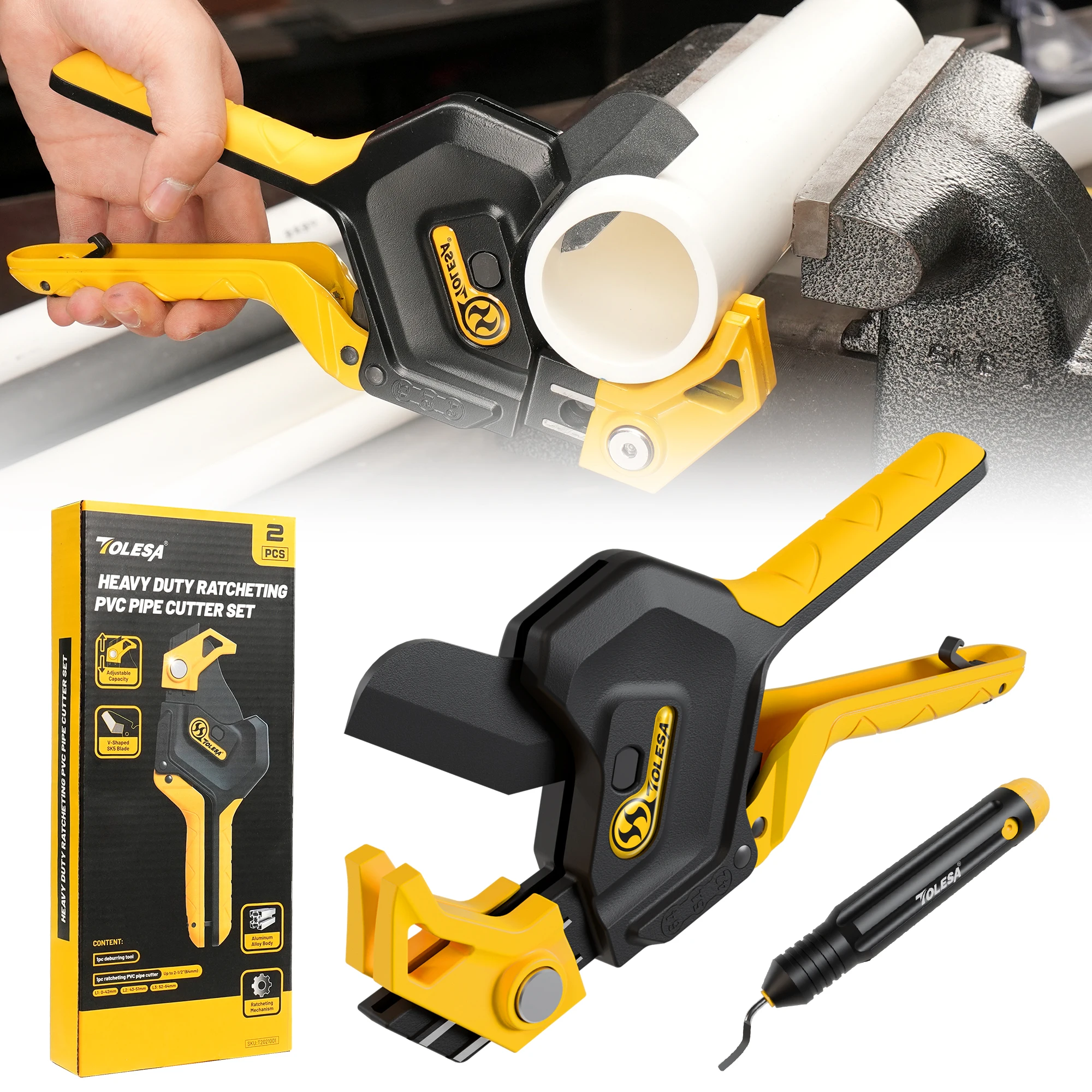 TOLESA 헤비듀티 PVC 파이프 커터 3단 조절식 래칫 파이프 커터 도구 최대 2-1/2인치까지 PEX, PVC, PPR 플라스틱 호스 절단용