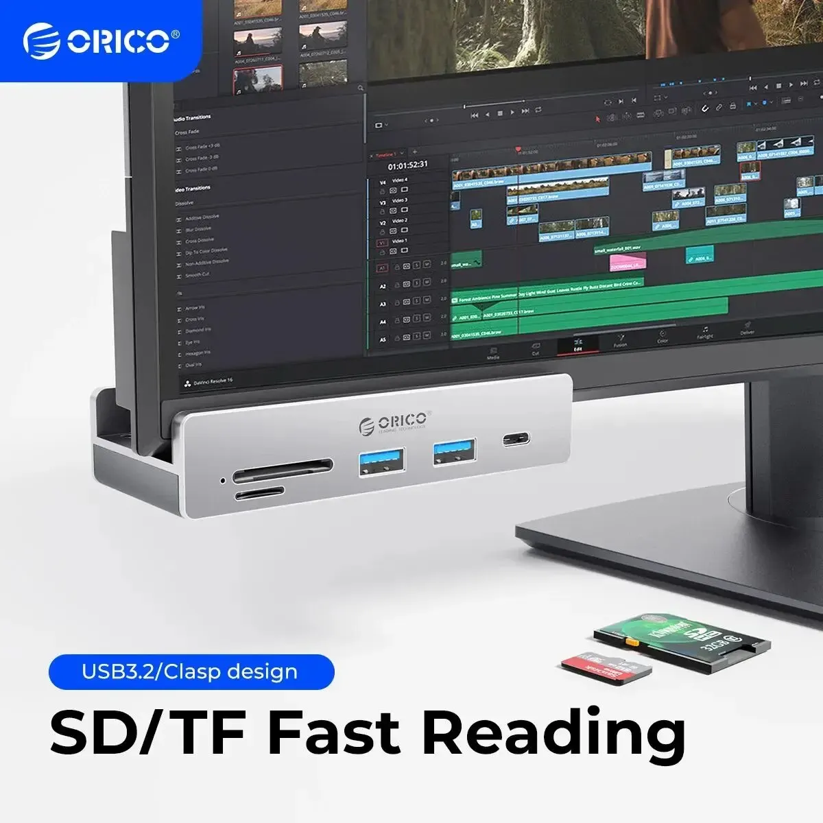 ORICO-USB 3.2 허브 6포트 확장(전원 커넥터 포함) 10Gbps 프로토콜 고속 전송 SD, TF 카드 빠른 읽기