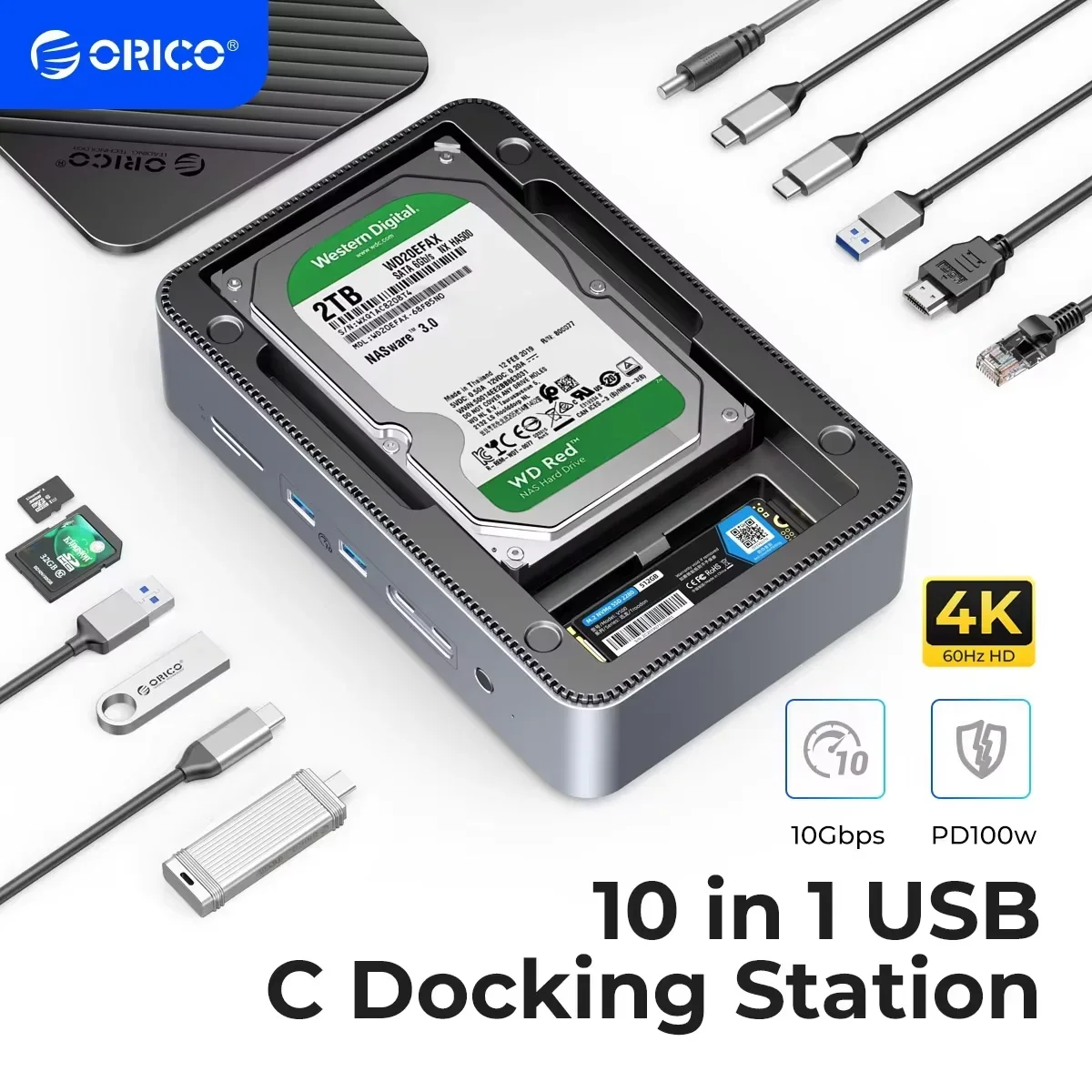 ORICO 듀얼 M.2 NVME SSD 및 3.5 하드 드라이브 인클로저 도킹 스테이션 데크, 10 인 1 HDMI 호환, 4K60Hz, PD100W, SD TF 에디터용