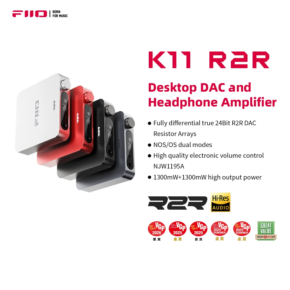 FiiO K11 R2R DAC 및 홈 오디오 또는 PC용 헤드폰 앰프, 6.35mm 및 밸런스드 4.4mm, RCA, 동축, 광, 384kHz/24Bit
