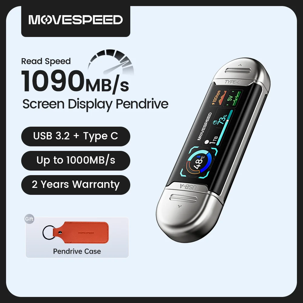 MOVESPEED SU10 1090MB/s 솔리드 스테이트 펜드라이브 2TB 1TB 512GB 256GB 128GB LCD USB3.2 Gen2 타입 C 플래시 드라이브 아이폰 15/16/17 PC용