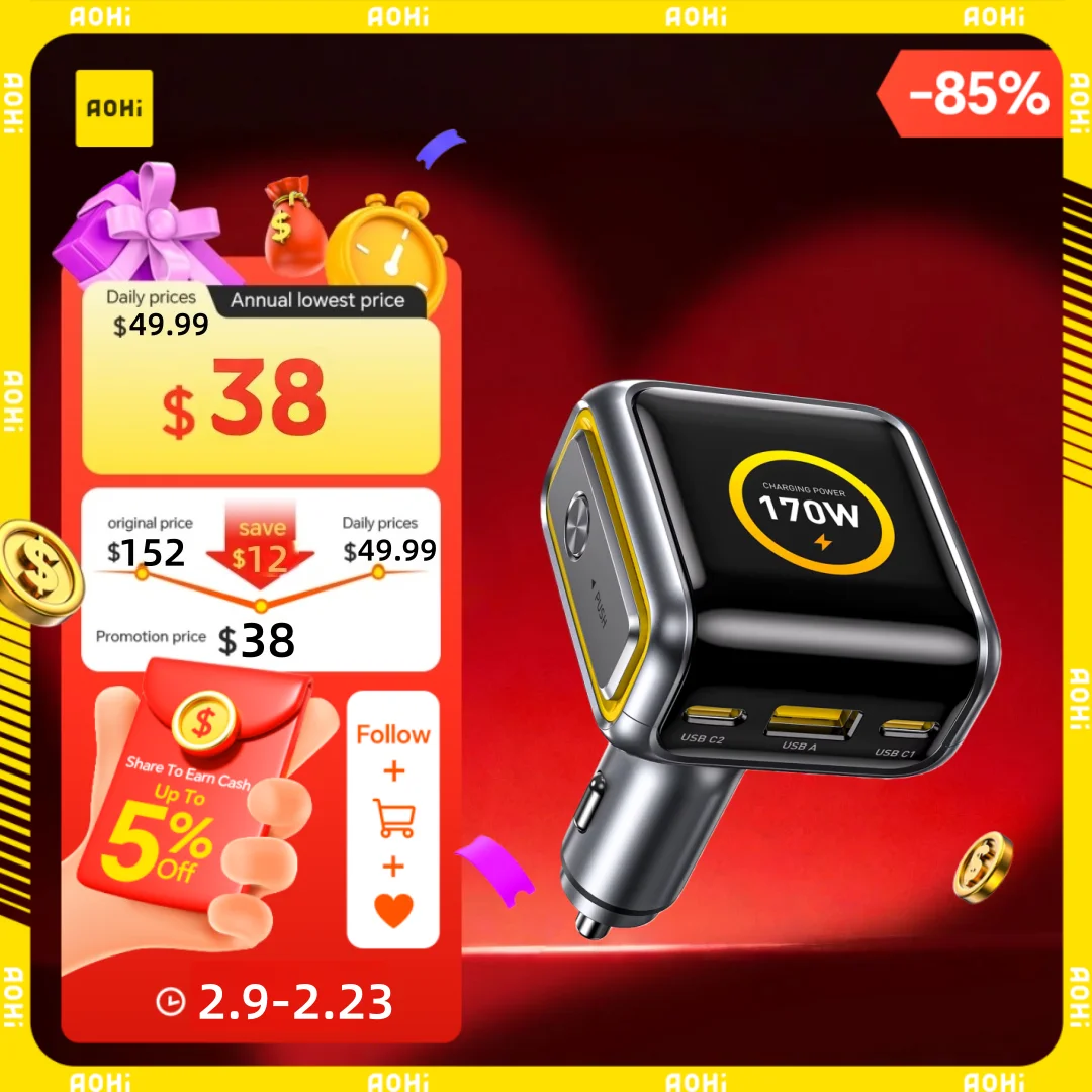 AOHI THE FUTURE 차량용 충전기 AI PD GAN+ 170W 3포트 LED 디스플레이 고속 차량용 충전기