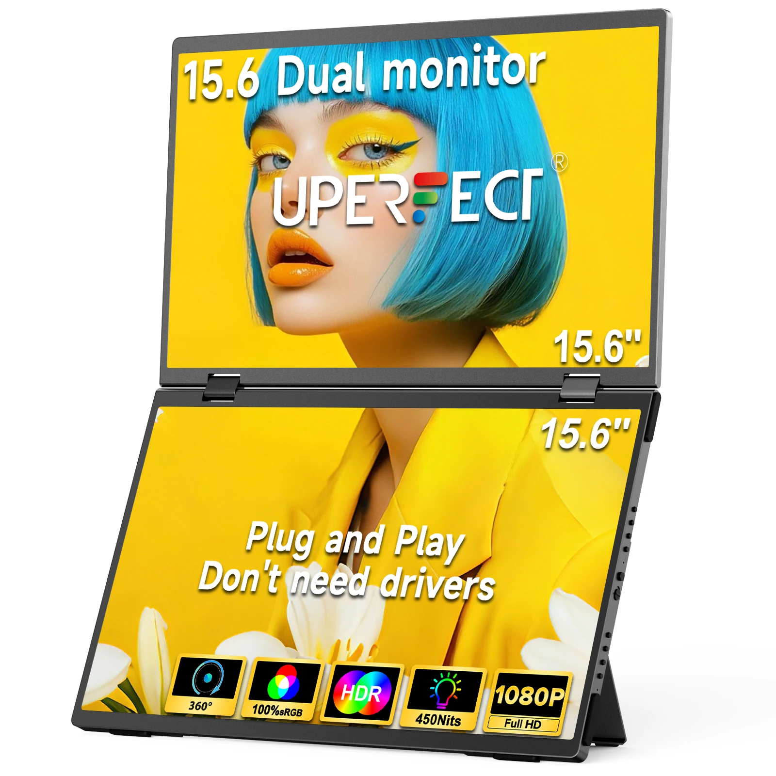 UPERFECT 휴대용 모니터 이중 15.6 인치 1080P FHD 107% sRGB 접기 가능한 두 번째 스크린, USB-C HDMI HDR 노트북 맥북 PC PS5 Xbox VESA를 위한 조조조절 가능한 조절 조절 가능한 키크스조드를 가진 장착 가능한 여행 모니터를 위한 조립된 휴대용 모니터