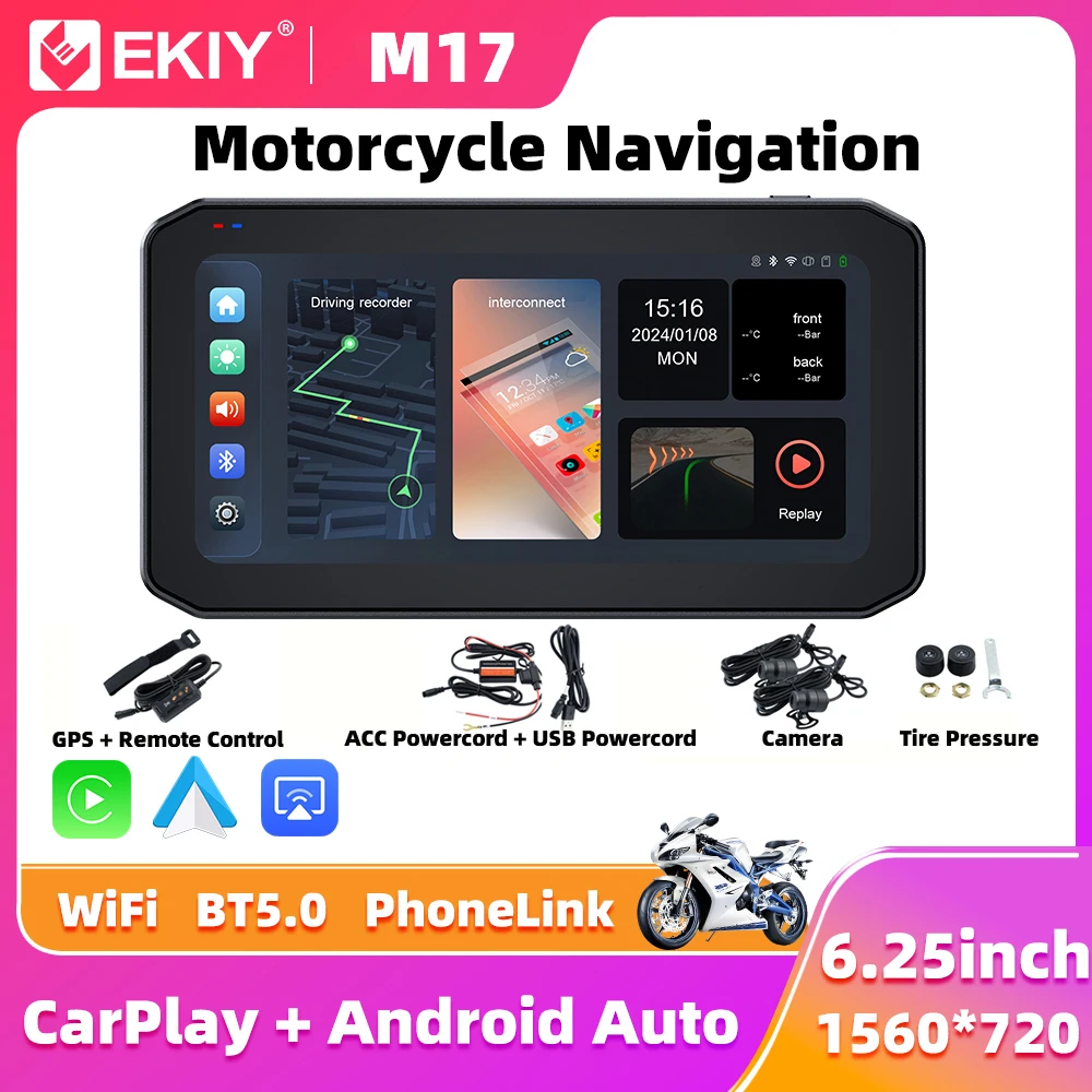 EKIY 6.25인치 무선 CarPlay 모토 안드로이드 오토 휴대용 디지털 오토바이 대시보드 GPS 네비게이션 디스플레이 화면 TPMS 모니터