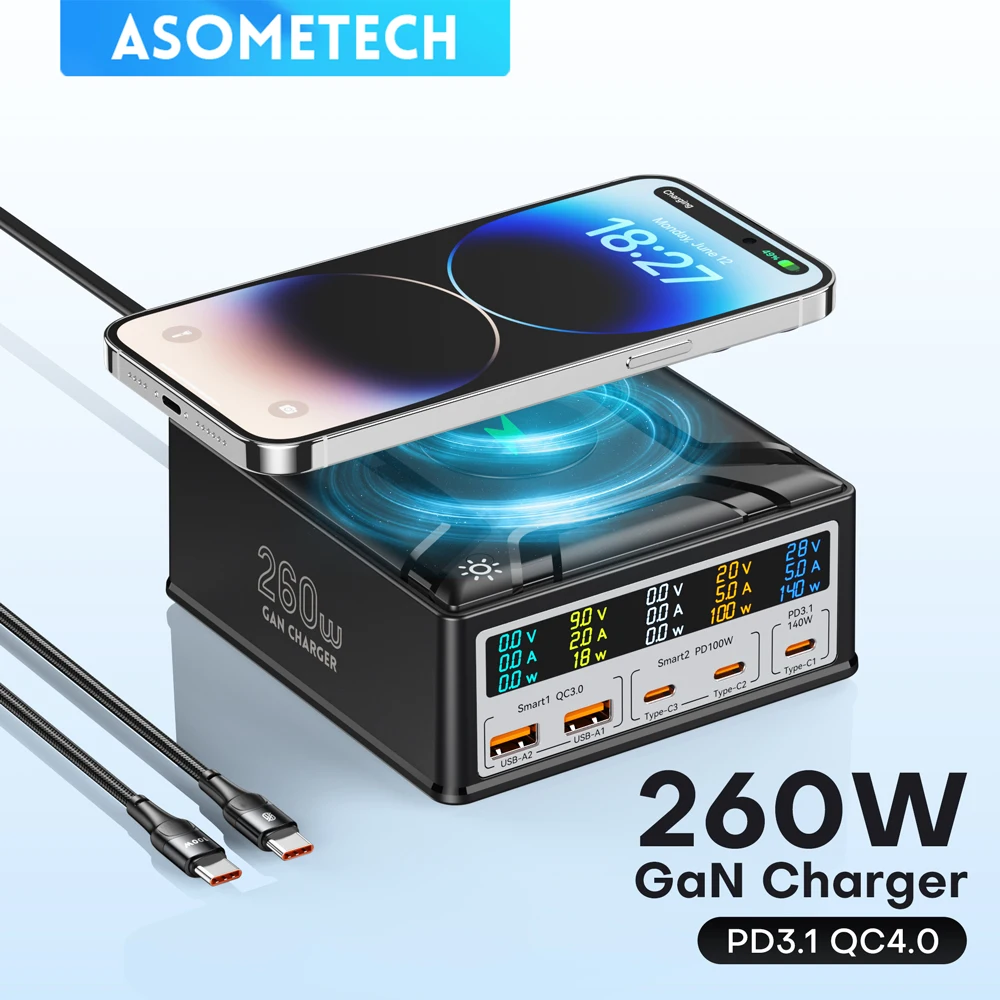 ASOMETECH 260W GaN 충전기 디지털 디스플레이 데스크탑 USB 유형 C 충전기 140W PD3.1 PPS QC4.0 노트북 태블릿 전화 용 빠른 충전기