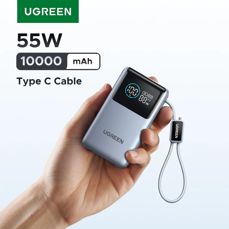 UGREEN 55W 파워 뱅크 10000mAh 타입 C 케이블 휴대용 고속 충전 파워뱅크 (레드미 노트, 샤오미 미 14, 13, 12 호환) 휴대용 배터리