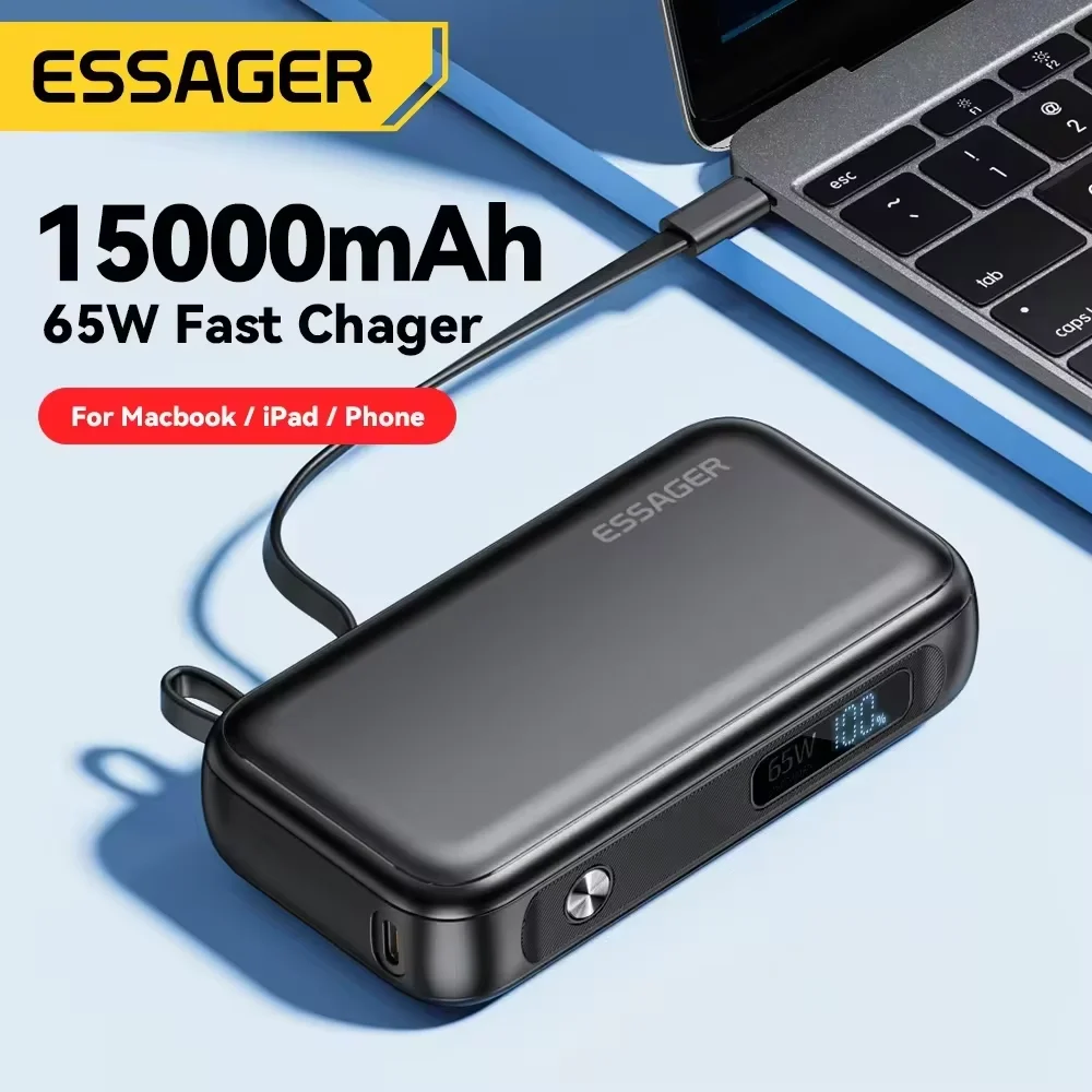 Essager 보조베터리 휴대용 15000mAh in USB C 케이블 포함 iPhone iPad Macbook 65W 고속 충전기용 외부 예비 배터리 팩