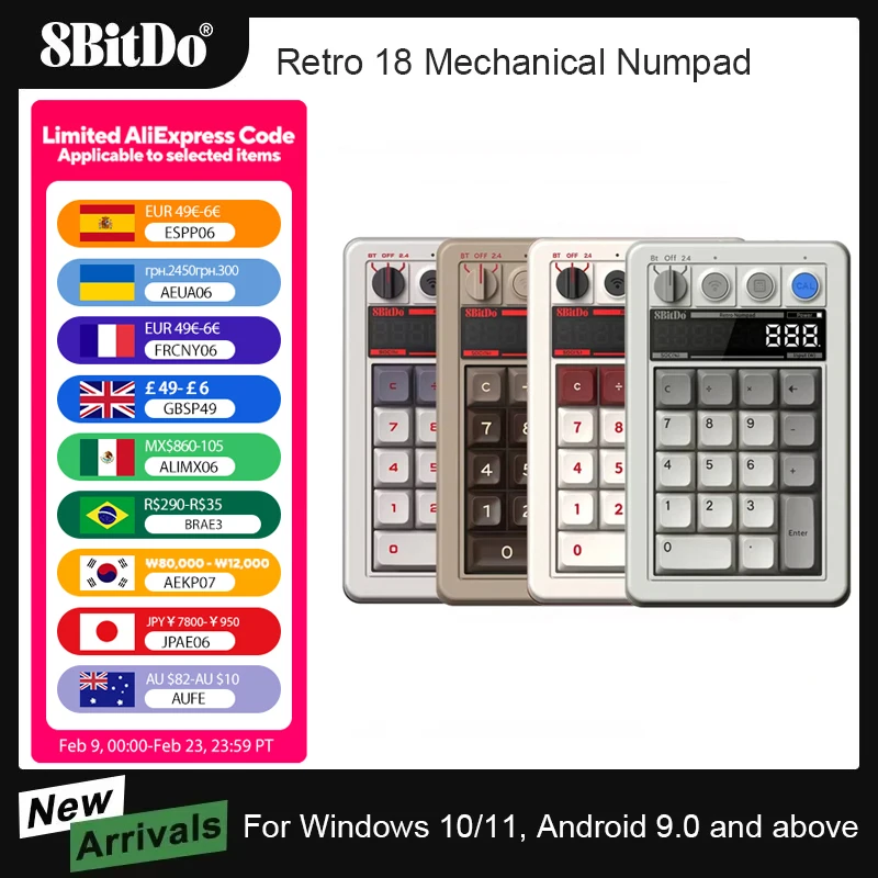 8BitDo Retro 18 기계식 숫자 패드, 계산기 모드 지원, Windows 및 Android용 Bluetooth/2.4G/유선 숫자 패드