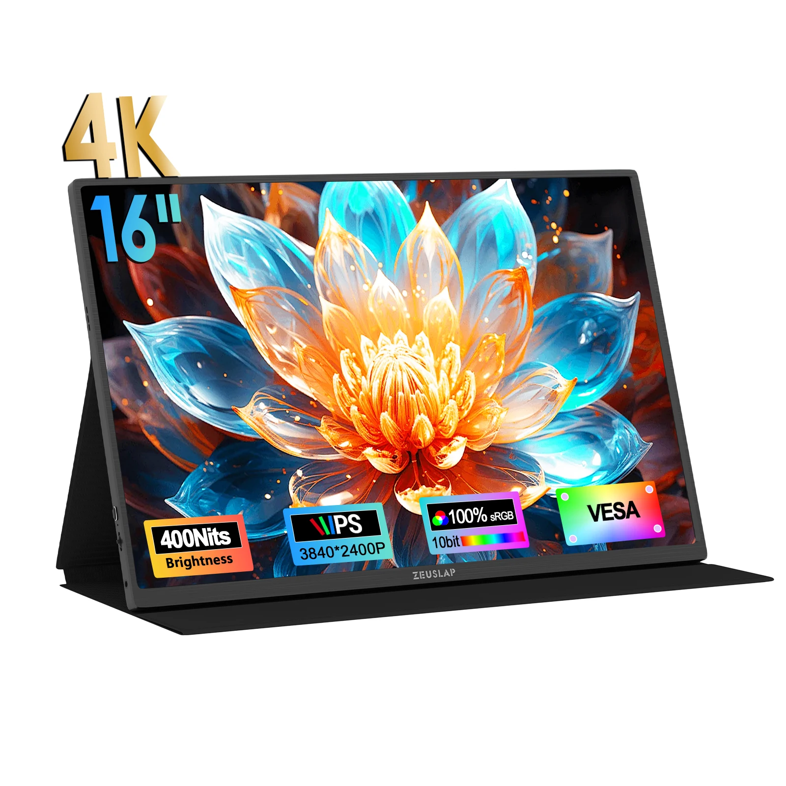 ZEUSLAP-Z16K 16인치 4K 휴대용 모니터 3840x2400 100% DCI-P3 썬더볼트 USB-C HDMI 휴대폰, PS5, 노트북 PC 보조 화면