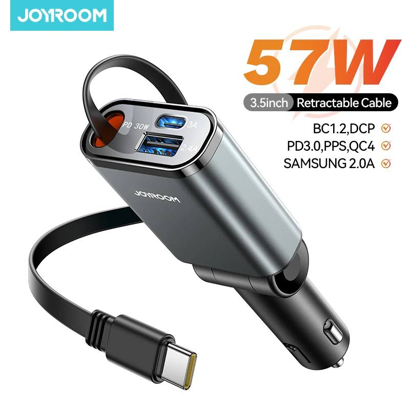 Joyroom 57W USB C 고속 충전 차량용 충전기(개폐식 케이블 포함) iPhone/Samsung용 초슬림 3포트 충전 차량용 충전기