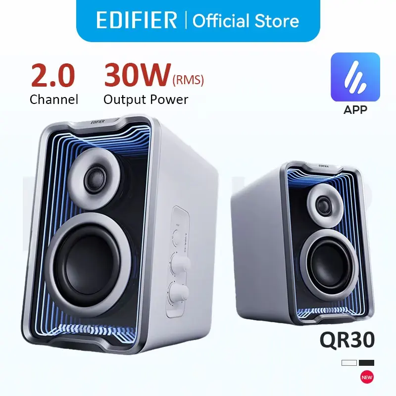 Edifier QR30 데스크탑 액티브 스피커 PC Bluetooth V5.4 스피커 2.0 채널 15W+15W RMS 조명 효과 EQ 설정 딥 베이스