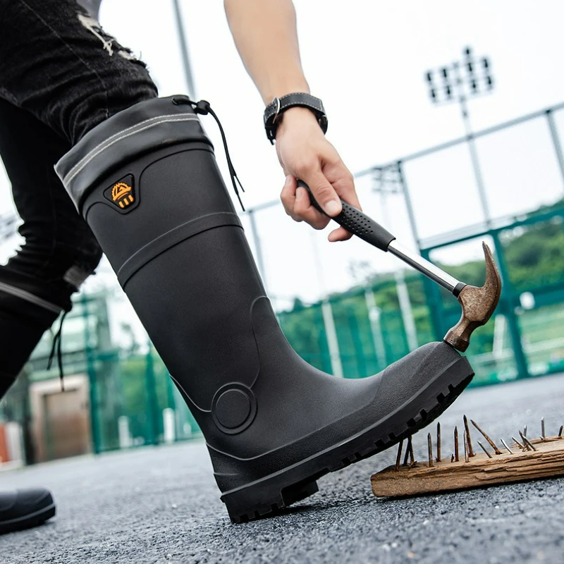 남성 레인부츠 스틸토 플랫폼 부츠 방수 미끄럼 방지 레인슈즈 안전화 충격 방지 펑크 방지 작업화 슬립온 안티 크러쉬 부츠