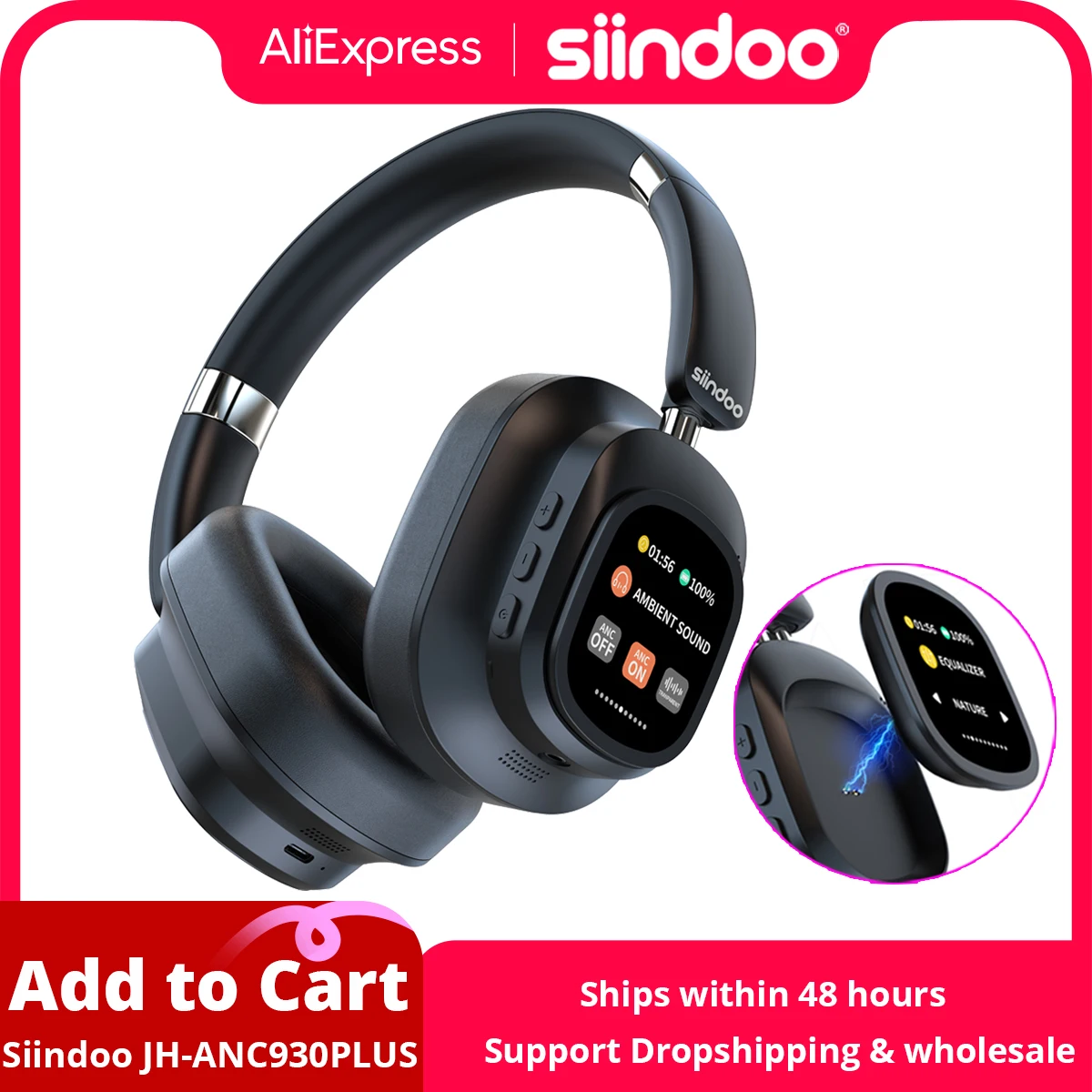 Siindoo JH-ANC930Plus 하이브리드 무선 헤드폰, 다중 자기 터치 제어 LED 스크린을 갖춘 능동형 소음 차단 헤드폰