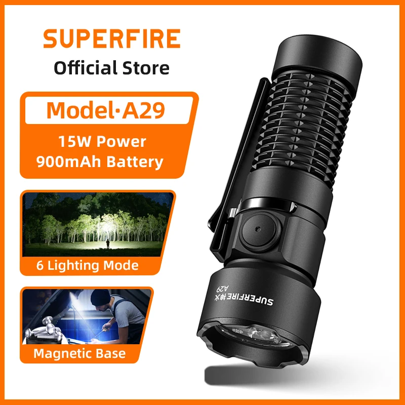 새로운 SUPERFIRE A29 EDC 토치 충전식 Led 손전등 15W 높은 전력 전술 꼬리 자기 야외 캠핑 낚시 랜턴